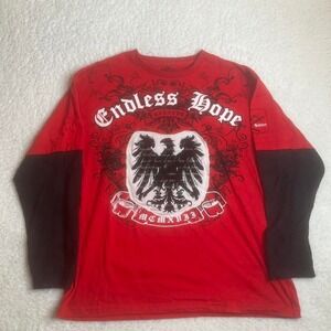 Y2K men's red and black layering skater long sleeve grunge shirt goth cross 2xl